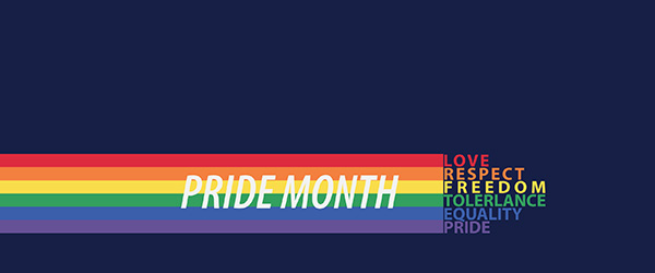 rainbow on navy background, text reads pride month love respect freedom tolerance equality pride